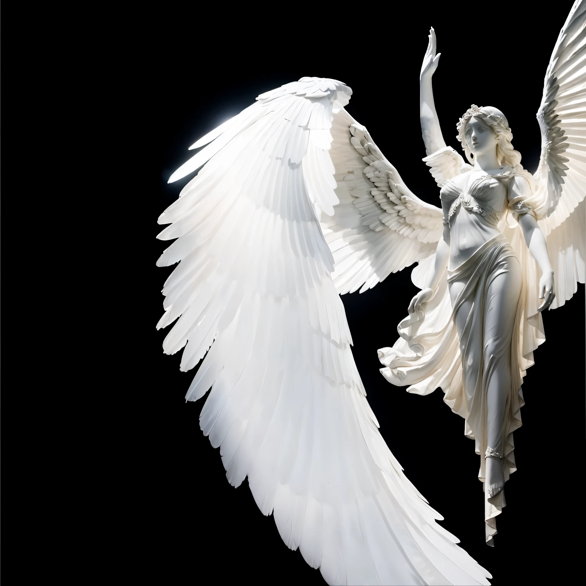 white bright glowing angel on black background, flying pose, right hand above head, right hand toward sky, right hand up, beautiful woman angel, flat statue face, mannequin face, ascending, hand toward sky, one hand up, angelic pose, angel wings facing bottom, ascending wing pose, very big wings, giant angel wings on closeup, closeup angel wings, angel is light source, over exposured angel, masterpiece photo, photorealism, detailed angel wings, real hands, fix hands