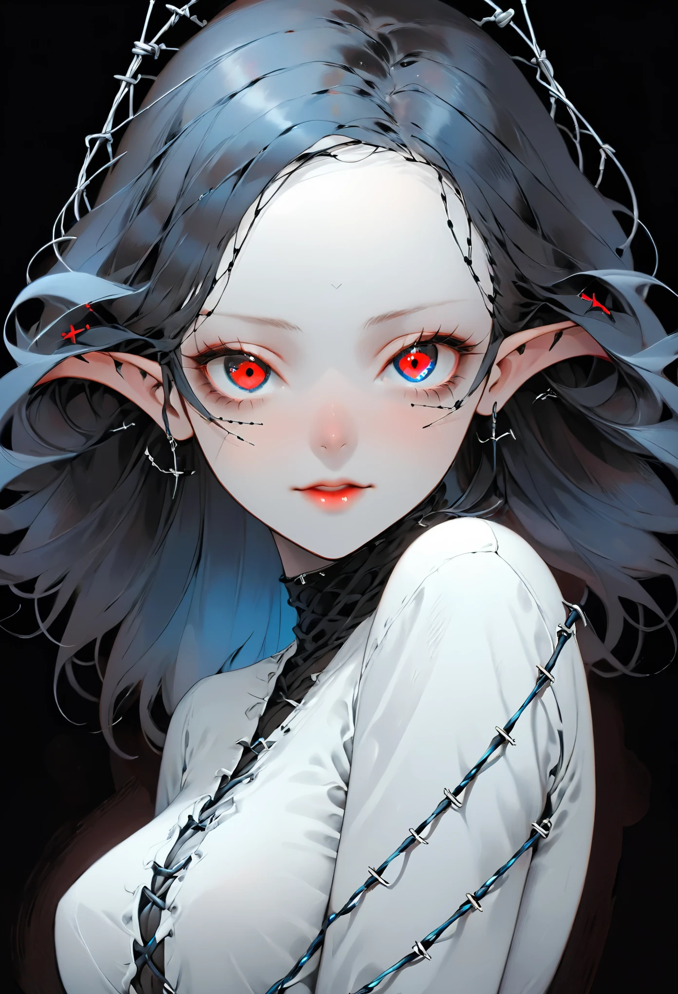 Hermosa joven de pelo blanco con penetrantes ojos rojo y azul, media sonrisa con labios carnosos, black nails, barbed wires everywhere(coiled black barbed wires),read eyes,blue eyes, (ojos diferentes), (heterochromia)