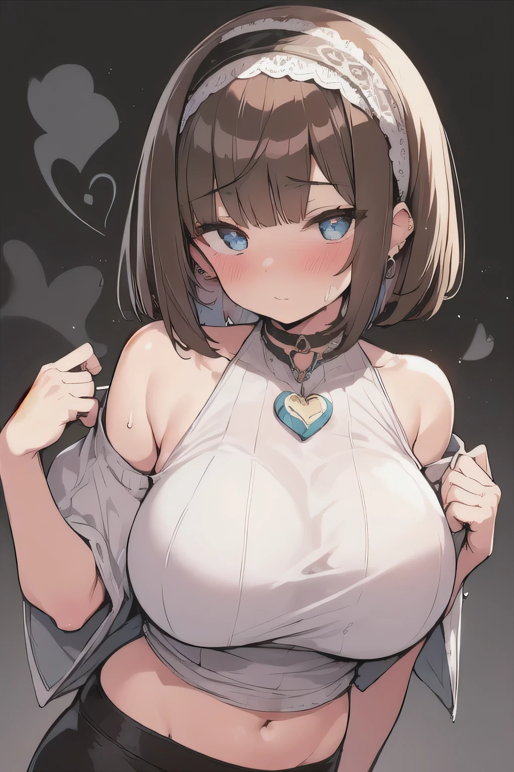 (best quality), (Super detailed), (Best Illustration), (1woman), look at viewer, from bellow, (drop shoulder tee), (Big Breasts:1.2), {brown hair, (bob cut:1.2), curly hair, hairs between eyes}, {(detailed eyes), heart-shaped pupils, blue eyes}, blush, sweat, steam, earrings, navel, white hairband,
