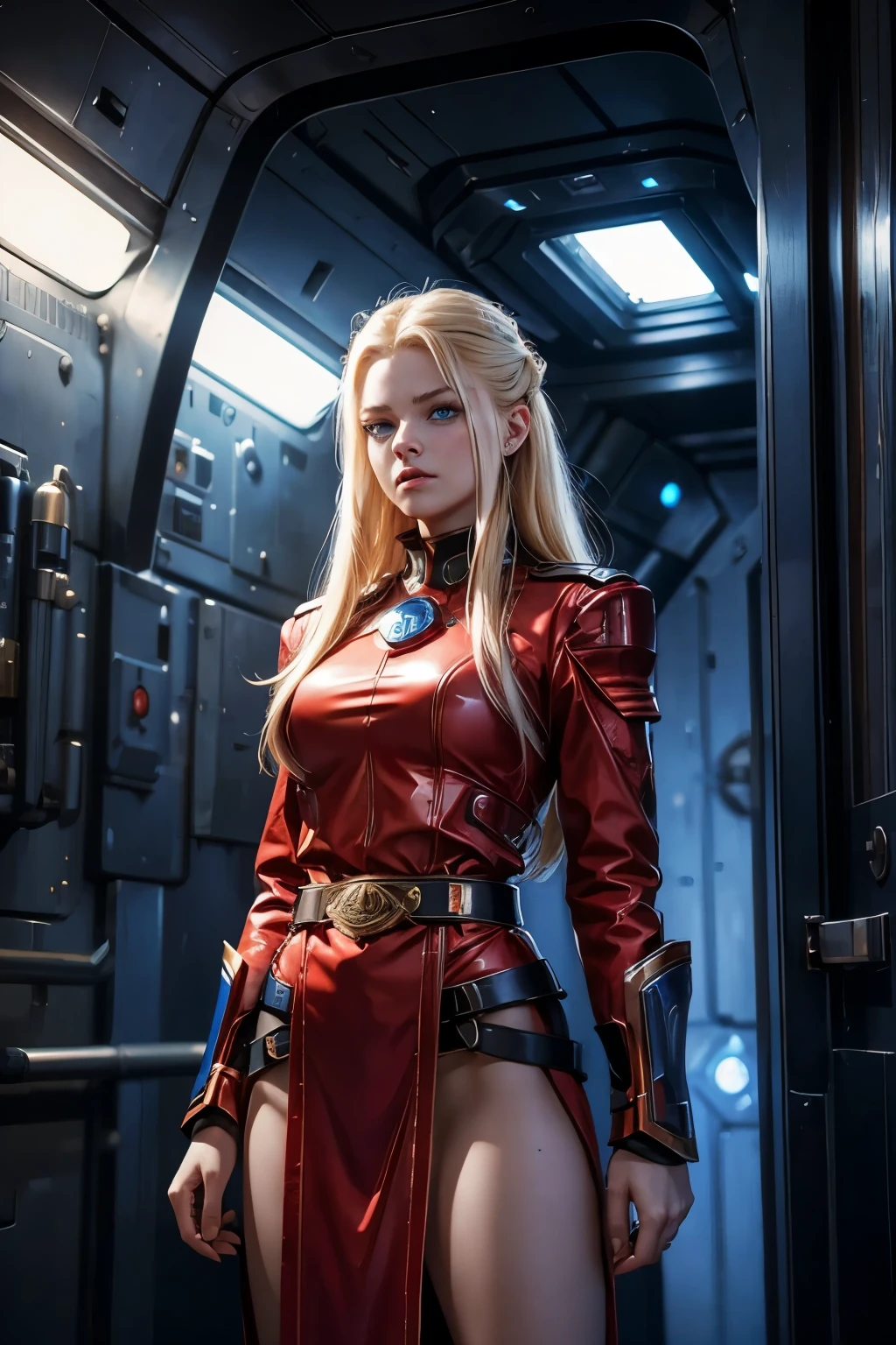 A beautiful woman. 18 years old. Blonde hair and blue eyes. She wears a red battle uniform that fits tightly around her metallic body. Around his waist he wears a belt with a large blue jewel embedded in it. She stands in the hallway of a giant space battleship, staring at the camera with an angry expression on her face.