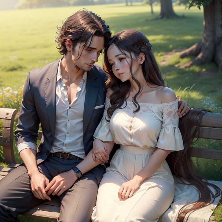 Man and Woman: A Scene of Love and Friendship
Once upon a time, in a beautiful meadow blooming with vibrant flowers, there stood an old tree, under which a man and a woman sat, deeply engrossed in conversation. The man, with a kind smile on his face, listened intently to the woman, who spoke with passion and grace. She had long, wavy hair cascading down her back like a golden waterfall, and her eyes sparkled with life and intelligence.
They were both dressed in simple yet elegant clothing, suitable for the warm, sunny day. The man wore a crisp, white shirt and dark trousers, with a pair of worn-out