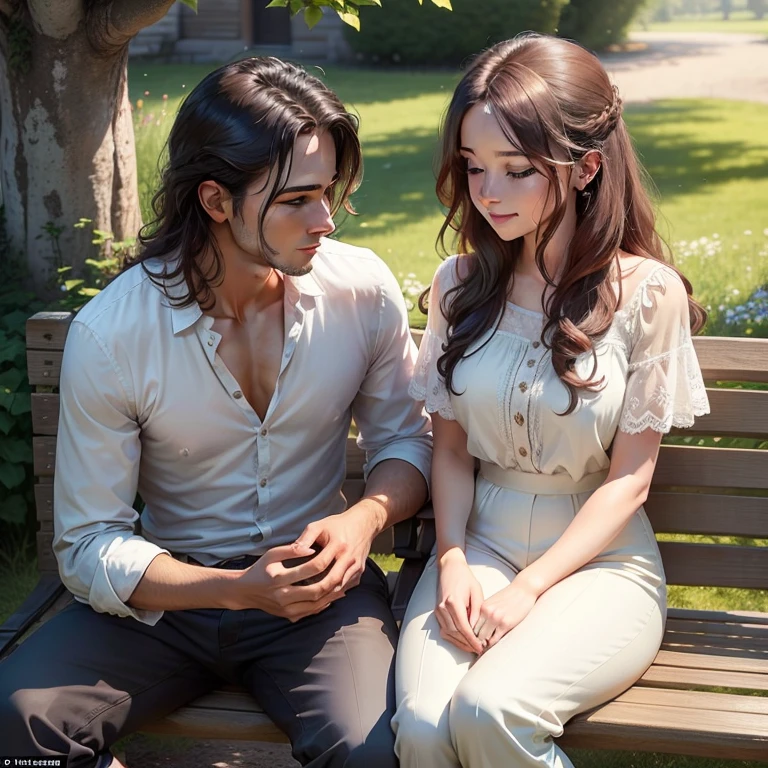 Man and Woman: A Scene of Love and Friendship
Once upon a time, in a beautiful meadow blooming with vibrant flowers, there stood an old tree, under which a man and a woman sat, deeply engrossed in conversation. The man, with a kind smile on his face, listened intently to the woman, who spoke with passion and grace. She had long, wavy hair cascading down her back like a golden waterfall, and her eyes sparkled with life and intelligence.
They were both dressed in simple yet elegant clothing, suitable for the warm, sunny day. The man wore a crisp, white shirt and dark trousers, with a pair of worn-out