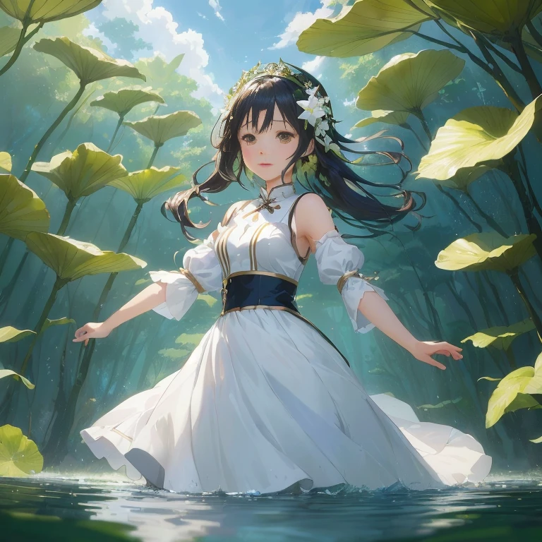 anime girl in white dress standing in water surrounded by plants, a maid in a magical forest, official art, anime moe artstyle, guweiz on pixiv artstation, anime lush john 8k woods, anime girl walking on water, guweiz on artstation pixiv, anime visual of a cute girl, official anime artwork, rin, hestia