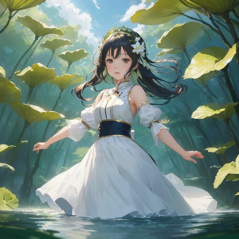 anime girl in white dress standing in water surrounded by plants, a maid in a magical forest, official art, anime moe artstyle, guweiz on pixiv artstation, anime lush john 8k woods, anime girl walking on water, guweiz on artstation pixiv, anime visual of a cute girl, official anime artwork, rin, hestia