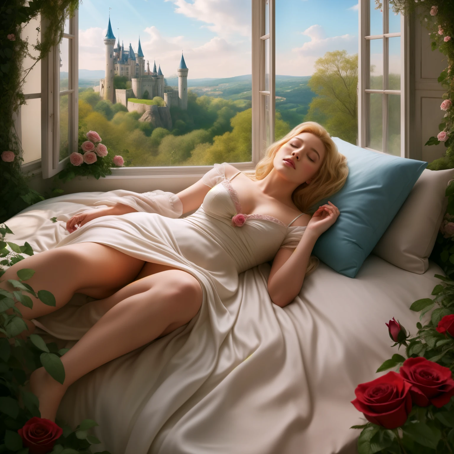 (best quality,4k,8k,highres,masterpiece:1.2),ultra-detailed,realistic:1.37,Divine female curves,sleeping Sleeping Beauty(a representation of Sleeping Beauty) lying in her bed,roses twining around her,window overlooking the castle landscape overgrown with roses,illustration,soft lighting,soft color tones,vibrant roses,historical,enchanted,vivid colors,serene atmosphere.