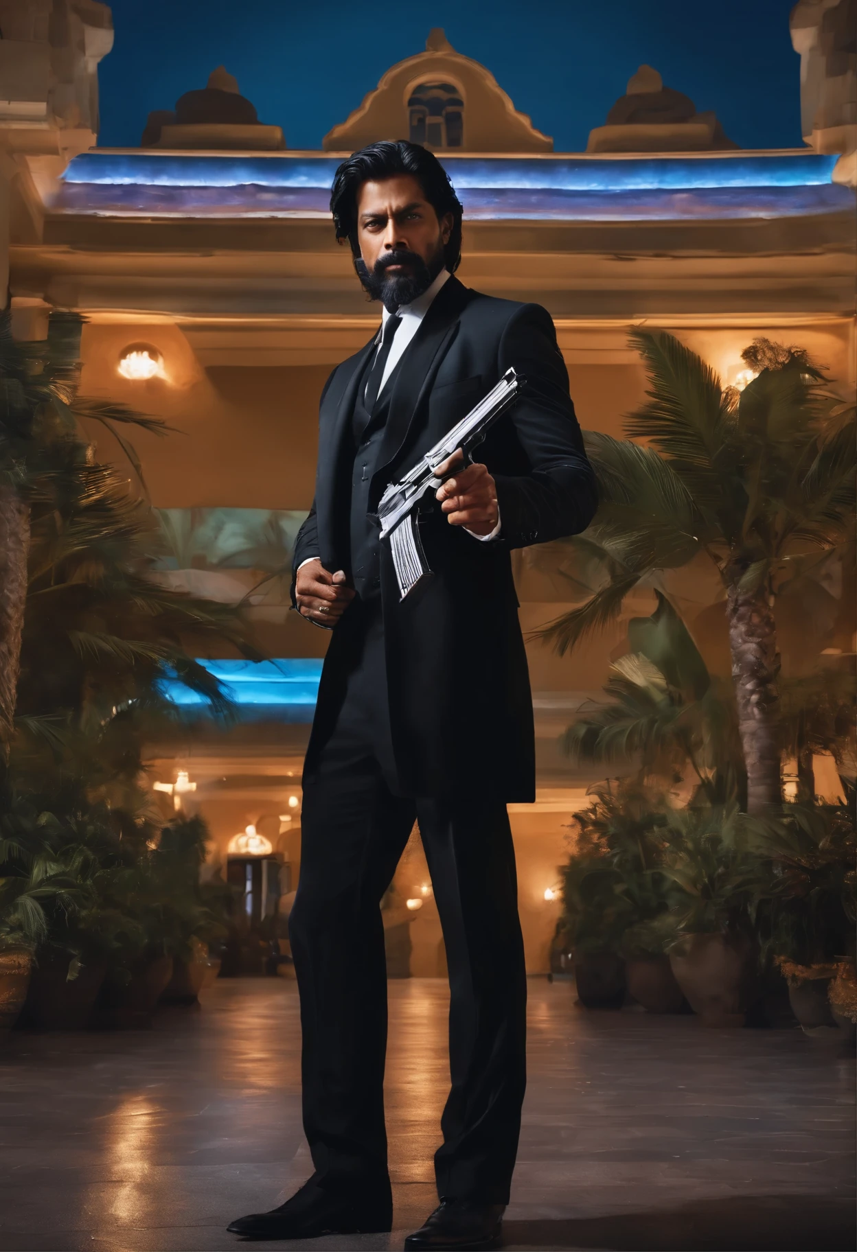 A man in black suit and long black hair and short Black beard, holding a pistol in his hand and standing in front on a hotel named Blue dive and behind him SRK name is displayed