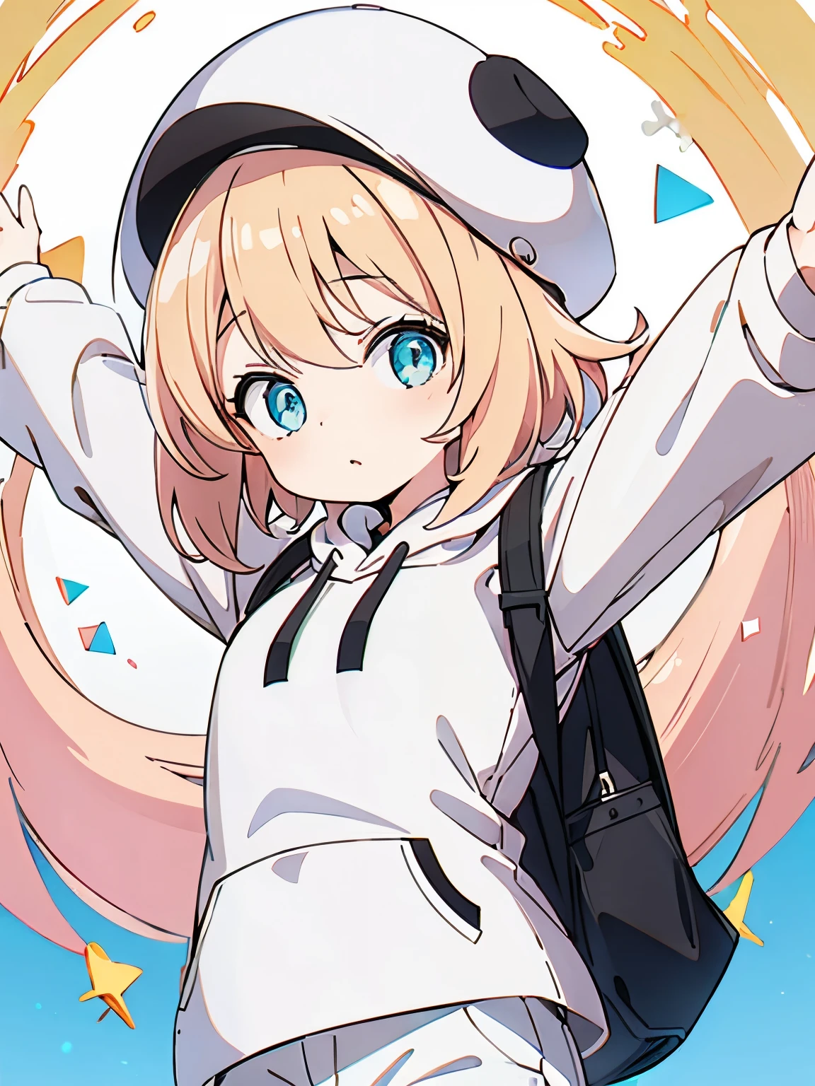 1girl,6 years old,blonde hair ,spread your arms,blonde hair,blonde hair,short hair, blue eyes,White hoodie, black trousers, white hat, black backpack,very short hair, side bangs,ultra detail, ultra HD