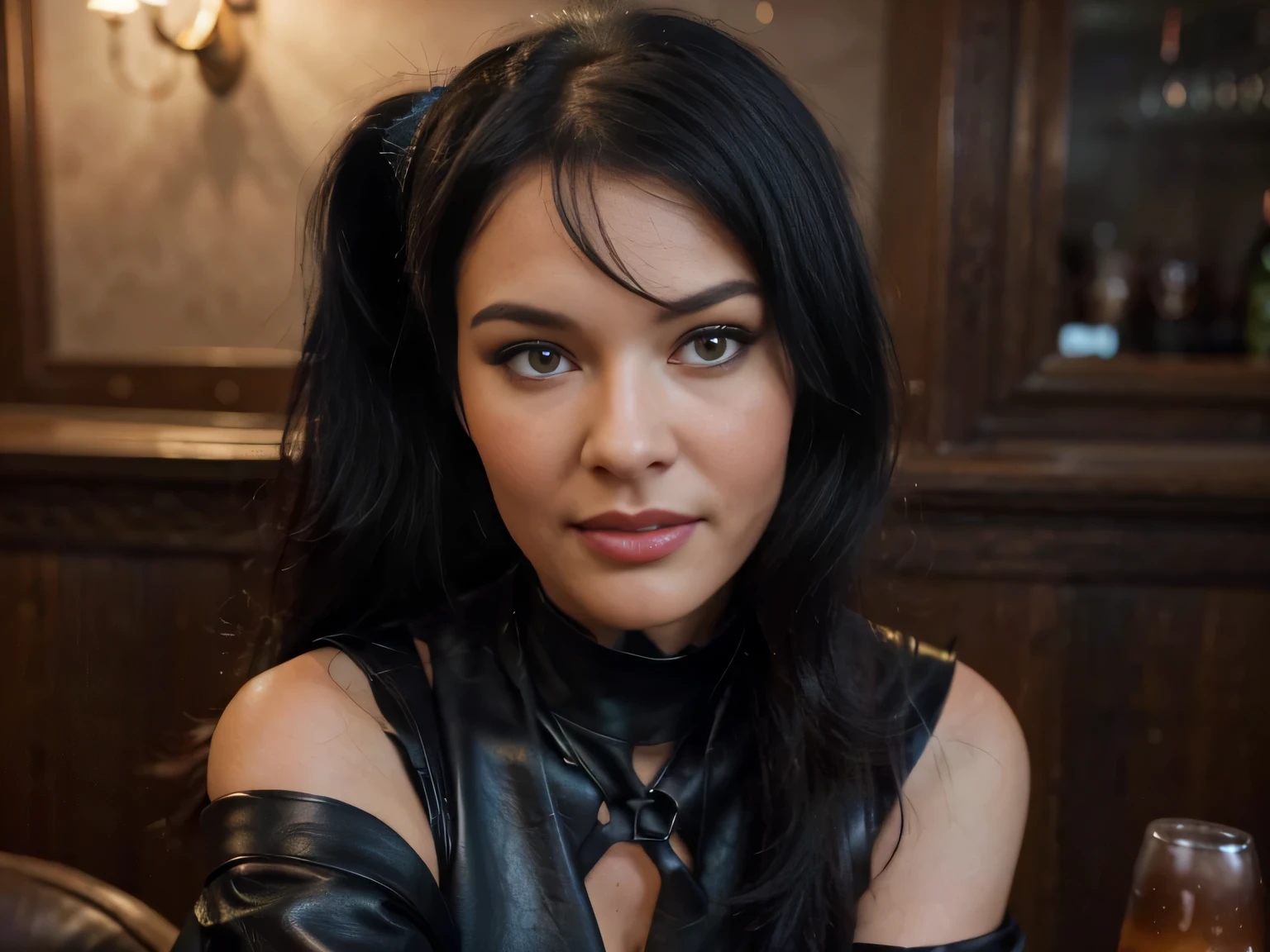 proFessional portrait photograph oF a gorgeous smiling Bettie page  girl in winter clothing with ponytail Black hair, black long maxi-skirt(black long maxi-skirt:1.2),sultry Flirty look, gorgeous symmetrical Face, joli maquillage naturel, wearing elegant warm winter Fashion clothing,flirting with the camera, ((black leather gloves)), ((sitting in front of me at  my table in english  pub drinking a red beer)), ultra realistic, art conceptuel, elegant, Very detailed, complexe, sharp Focus, depth oF Field, F/1. 8, 85mm, (((proFessionally color graded))), bright soFt diFFused light, (volumetric Fog), tendance sur Instagram, hdr 4k, 8K