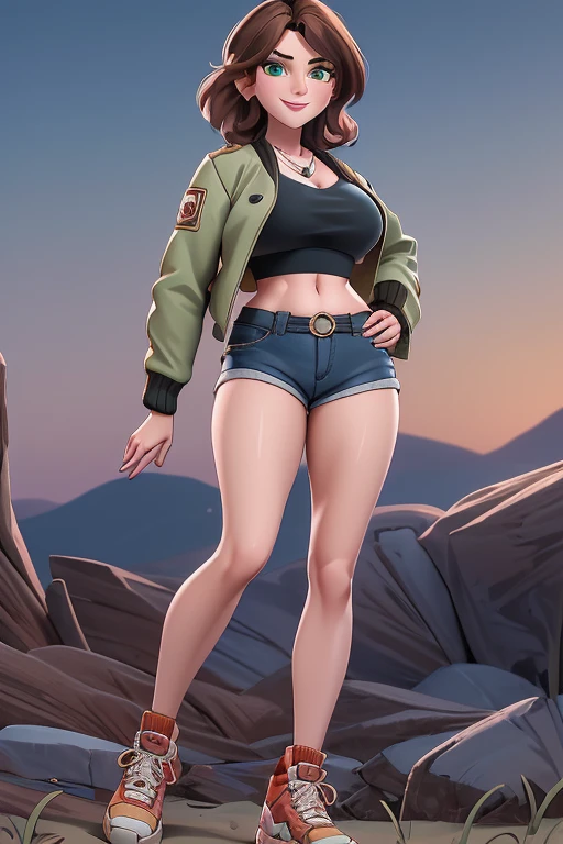 (realistic:1.2), (realism), (masterpiece:1.2), (best quality), (ultra detailed), (8k, 4k, intricate),(full-body-shot:1),(Cowboy-shot:1.2), (85mm),light particles, lighting, (highly detailed:1.2),(detailed face:1.2), (gradients), (full body portrait:1.2), (dynamic pose:1.2), (rule of third_composition:1.3), (Line of action:1.2), Aunt Cass, Aunt Cass Big Hero 6, MILFs, one woman, Mature female, brown hair, mid-length wavy hair, big green eyes, pale skin, round face, arrogant smile, thin eyebrows, Curvilinear waist, Looking at the Viewer, sensual cleavage, full breasts, Mature Face, curvy female, thick thighs, voluptuous female, soft breasts, Female focus, Mom's breasts, mommy, charming countenance, Imposing female, ((Wearing crop-top, jacket, short-shorts and sneakers)), silver necklace with a pendant, red lips, short hair, very adventurous, (detailed background), outdoors, detailed landscape, wide shot, daylight, (jacket, crop-top, shorts:1.2), posing for the camera,