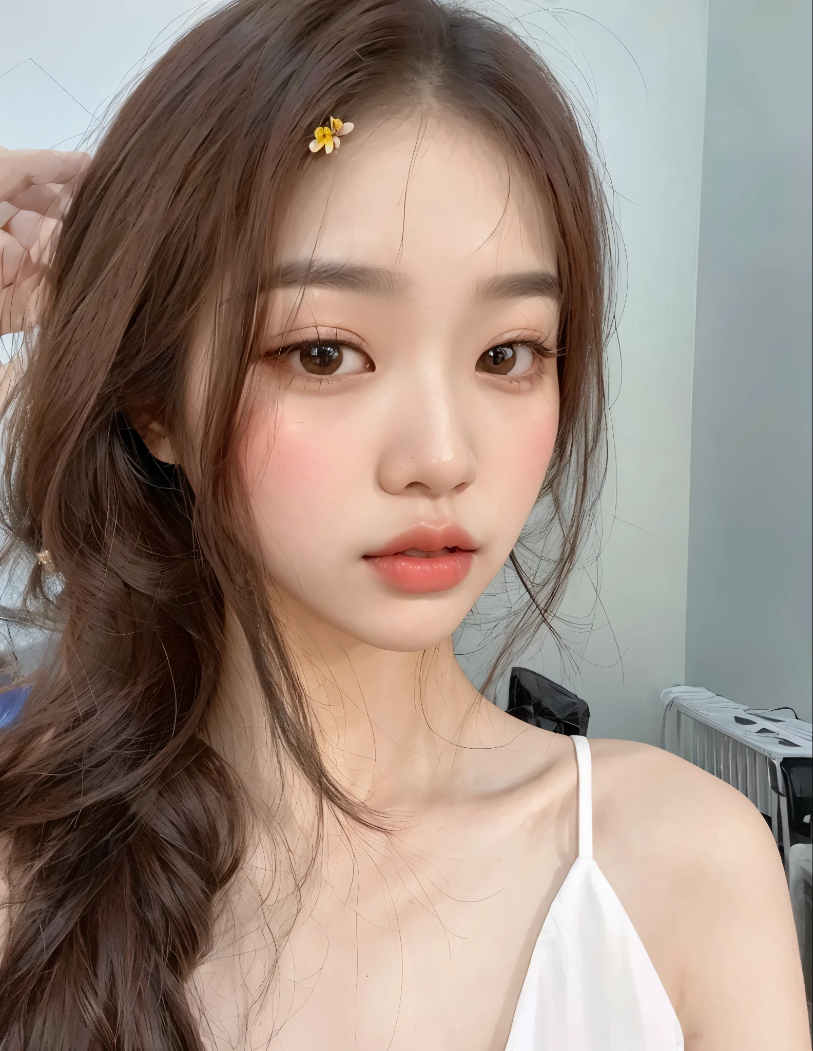 there is a woman with a flower in her hair posing for a picture, young adorable korean face, Jaeyeon Nam, Jinyoung Canela, Ulzzang, Mulher sul-coreana bonita, wan adorable korean face, linda mulher coreana jovem, mulher coreana jovem bonita,  coreana, lindo rosto delicado, Heonhwa Choe, korean face features