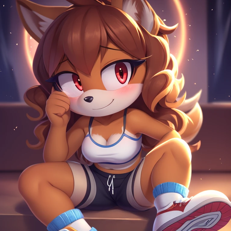 mobian, hedgehog, two-tone fur ((orange fur, brown fur)), pyjama elastic shorts, strapless crop top, cleavage, high-top sneakers, two-tone hair (brown hair, black tip)), curly hair, halo, sunglasses, jewelry, red eyes, longeyelashes, red eyes, smile, shy, blush, high detail, masterpiece, UHD, anatomically correct, super detail, highres, 4K