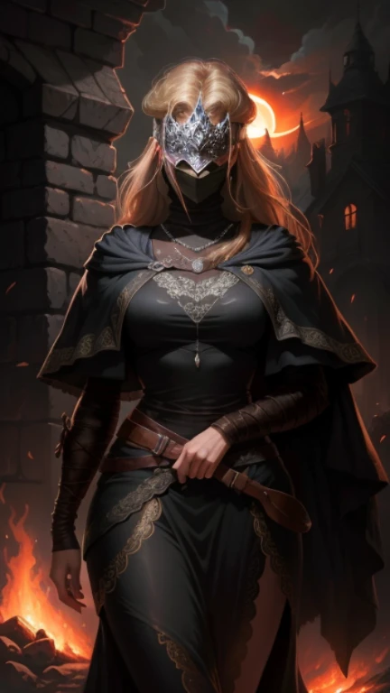 Firekeeper - Dark Souls 3, mask, mask covers eyes, mouth and nose exposed, ig model | artgerm, extremely detailed artgerm, hyperrealistic fantasy art, artwork in the style of guweiz, artgerm and wlop, wlop and artgerm, alena aenami and artgerm, artgerm. anime illustration, dark moody atmosphere, solar eclipse, outside, stars, bon fire