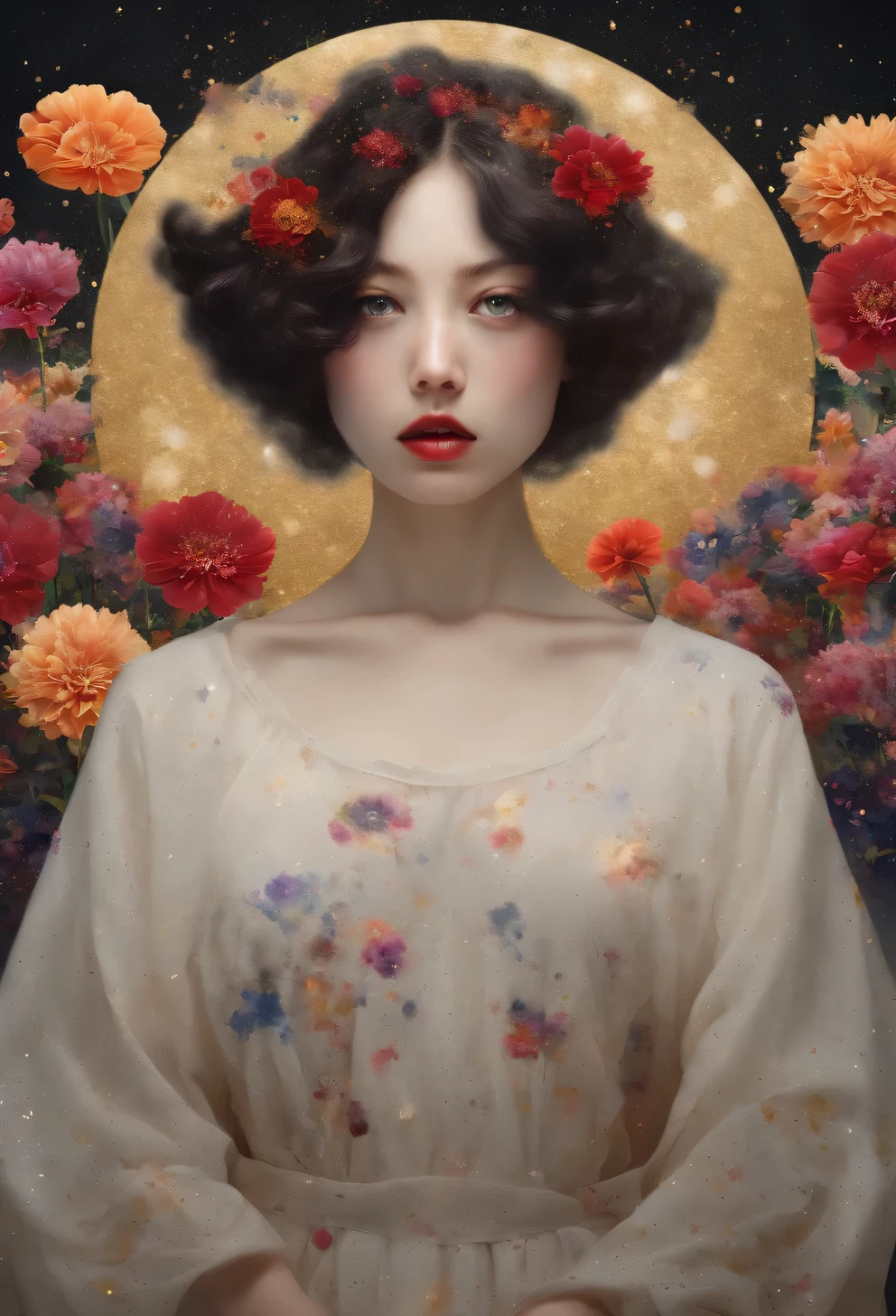 chiaroscuro technique on sensual illustration of an elegant , retro and vintage white dress ,Chocolate Cosmos (Cosmos atrosanguineus) around body, matte painting, by Hannah Dale, by Harumi Hironaka, extremely soft colors, vibrant, pastel, highly detailed, digital artwork, high contrast, dramatic, refined, tonal, golden ratio,