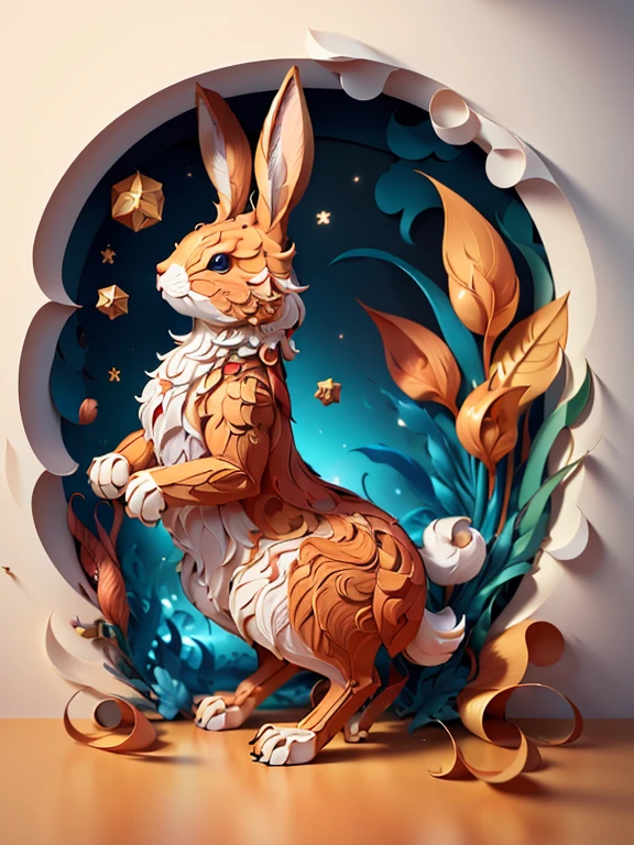 masterpiece, high quality, rabbit, 3D paper sculpture,Facing forward,whole body