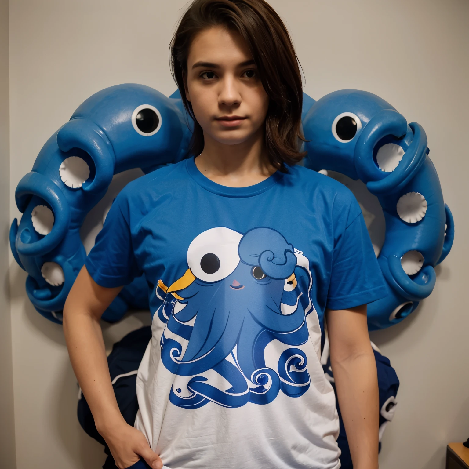 Make an interclass t-shirt with a blue octopus mascot, com a camiseta preta