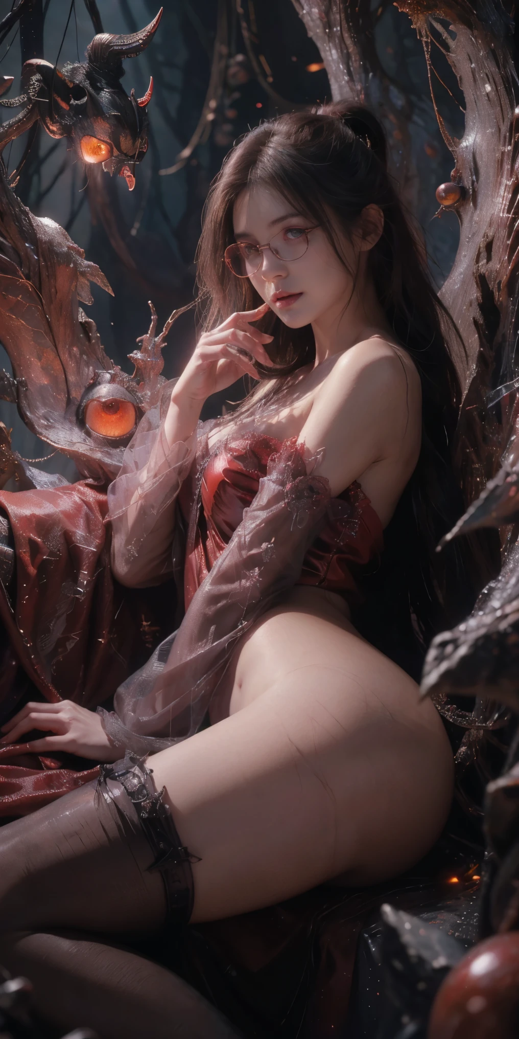 (The best illustrations)、realisitic、ultra-detailliert、The best lighting、Best Shadows、alluring succubus, ethereal beauty, perched on a cloud, (fantasy illustration:1.3), enchanting gaze, captivating pose, delicate wings, otherworldly charm, mystical sky, (Luis Royo:1.2), (Yoshitaka Amano:1.1), Dungeon and Dragon、caves、Dungeon、 A Necromancer、natta、Dark style、Succubus、Devil's Daughter、Bat Wings,(((Demon Hornlack-rimmed round glasses))))、(red eyes glowing:1.6)、beautiful countenance、Tindall Effect、(High Detail Skins:1.2) absurderes、Ponytail distortion、jewely、Beautiful expression、Toned waist、Wide buttocks、Tindall Effectmasuter piece、top-quality、Highest Standards、Top image quality、masutepiece、intricate detailes、High resolution、Depth Field、natural soft light、profetional lighting、Great smile、(High Detail Skin: 1.2)、photorealistic anime girl render、Strong highlights of the eyes、Perfect Anatomy、crotch open、Shy、Spreading your legs、Panties are visible、Skirt flipping、Body shiny with oilerectile nipple))、8K resolution、intricate clothing、Intricate details、Panties visible through the skirt、Panties in full view、Small panties, pink nipple, pink pussy