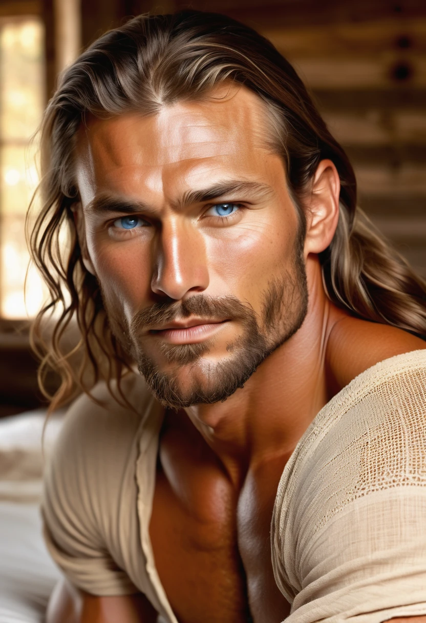 (highly detailed, soft light, detailed face, detailed skin, detailed eyes, photorealistic, dynamic light; cinematic); 1820's; 35 years old man; German-Sioux Indian mix; 1820's fur hunter; leadership figure; strikingly handsome; wild man; defined cheekbones; defined strong jawline; longer chin; handsome face; strapping; desirous teasing inviting expression; intimate sexually-charged atmosphere; masculine face; charismatic; grizzled; sensual; strong German nose; manly passionate air; very attractive; burly broad figure with strong shoulders; naturally tanned ruddy weathered skin; long stubble beard; natural blue eyes; thick strong chestnut-brown eyebrows; fully naked with hairy heavily muscled chest; tousled chestnut-brown hair half up; full firm masculine lips; laying on 1820s bed with furs in a 1820's wooden settlement house; laying in erotic pose; natural blue eyes; German-Sioux Indian mix; looking at camera