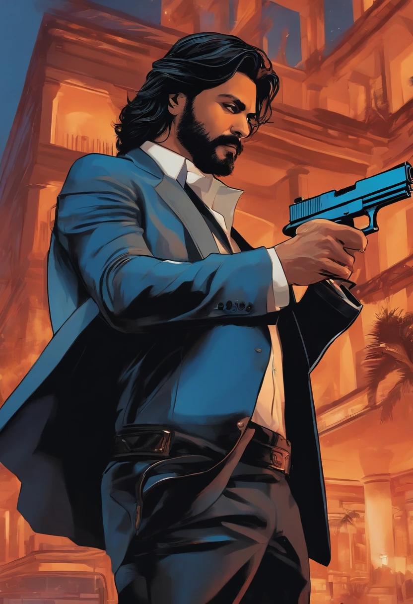 A man in black suit and long black hair and short Black beard, holding a pistol in his hand and standing in front on a hotel named Blue dive and SRK written is displayed
