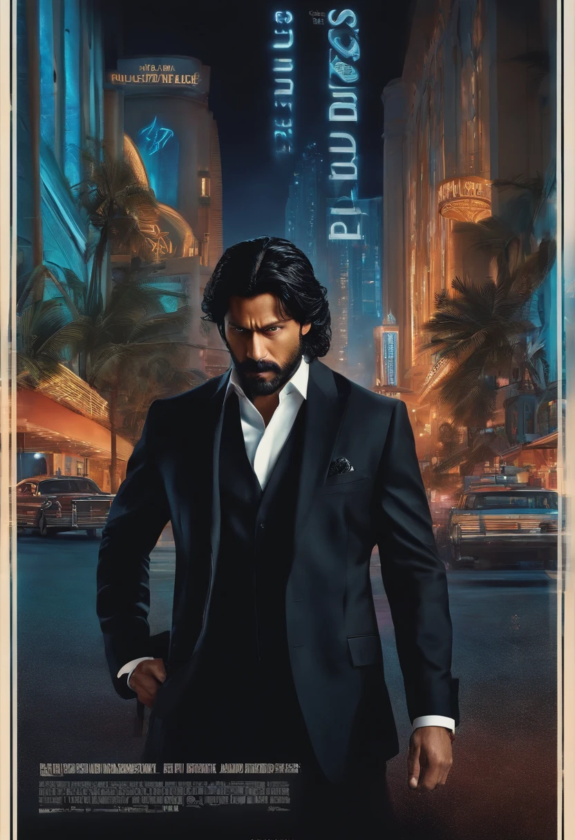 A man in black suit and long black hair and short Black beard, holding a pistol in his hand and standing in front on a hotel named Blue dive and SRK written is displayed