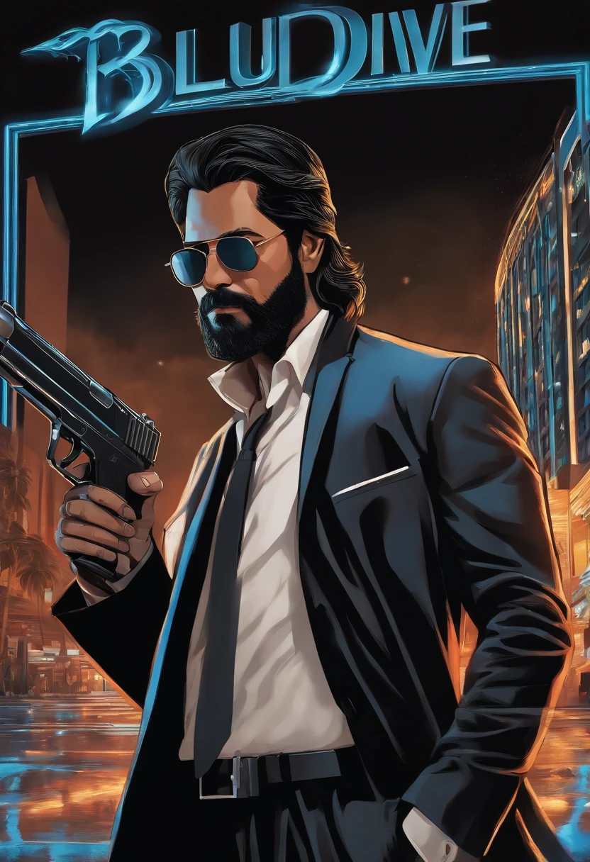 A man in black suit and long black hair and short Black beard, holding a pistol in his hand and standing in front on a hotel named Blue dive and SRK written is displayed