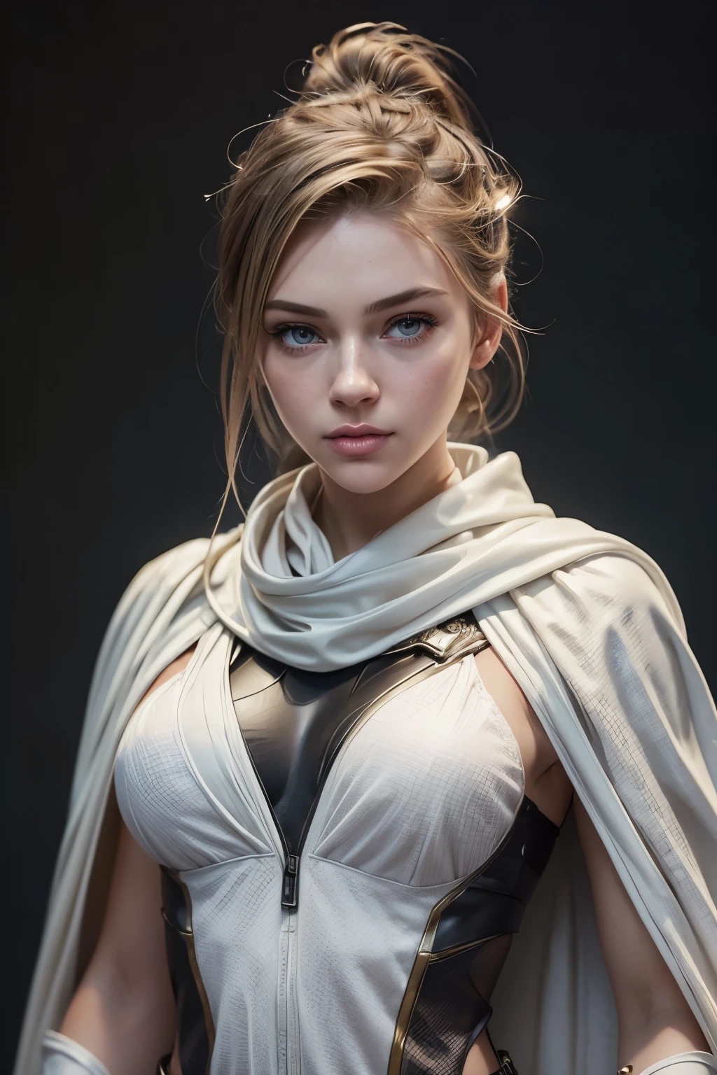 Bust ((Half body)) hyperrealistic masterpiece, Superhero girl ((Weird aesthetic style)), in an extremely detailed technological plugsuit ((with scarf & white cape)), luminous lighting: 8k