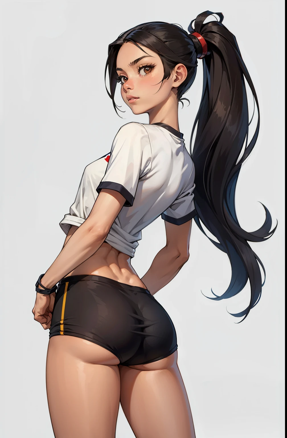 girl, skinny, long strait hair, small, shy, big ass, volleybal shorts, volleybal shirt, dynamic pose, hot, soft or colored lips, simple background, perfect hands, perfect anatomy, leans