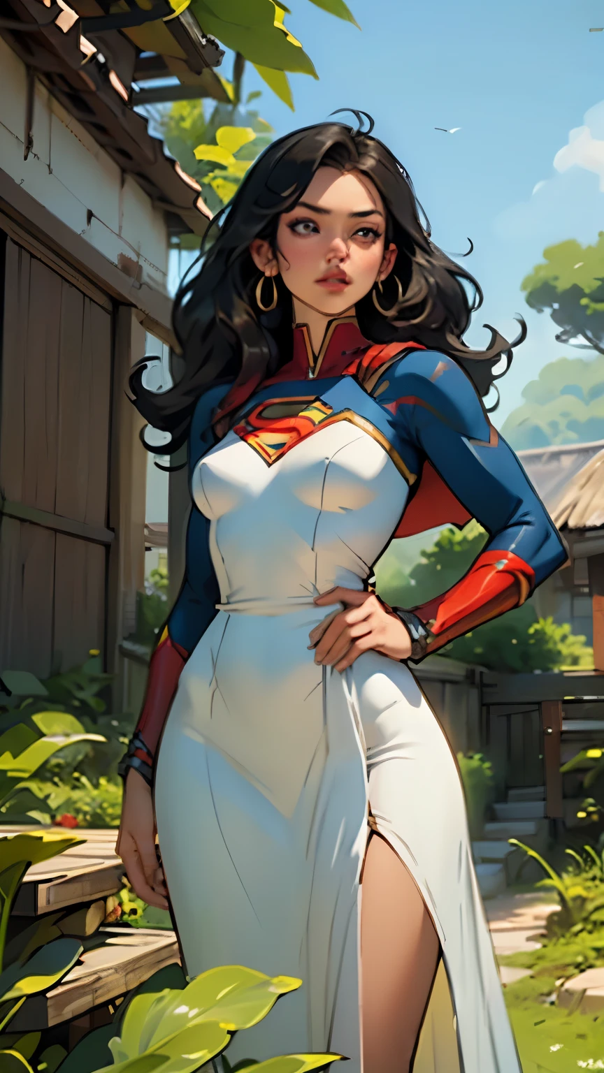 Incredible Supergirl with a vibrant Brazilian dress, beautiful detailed eyes, exotic features, long flowing hair, and a confident stance. The dress is made of shimmering silk fabric with intricate embroidery and colorful patterns, showcasing the rich culture of Brazil. The dress fits perfectly, accentuating her graceful curves and adding a touch of elegance to her superhero identity. The scene is set in a lush garden filled with tropical flowers and vibrant foliage. The sunlight filters through the leaves, casting a warm glow on the surroundings. The colors are vivid and vibrant, reflecting the energy and vibrancy of Brazil. The composition is dynamic, capturing the Supergirl's strength and determination. The image is of the highest quality, with ultra-detailed rendering and sharp focus. The artwork resembles a realistic combination of digital illustration and photography, blurring the line between fantasy and reality. The overall tone is vibrant and energetic, reflecting the spirit of adventure and excitement that Supergirl embodies.