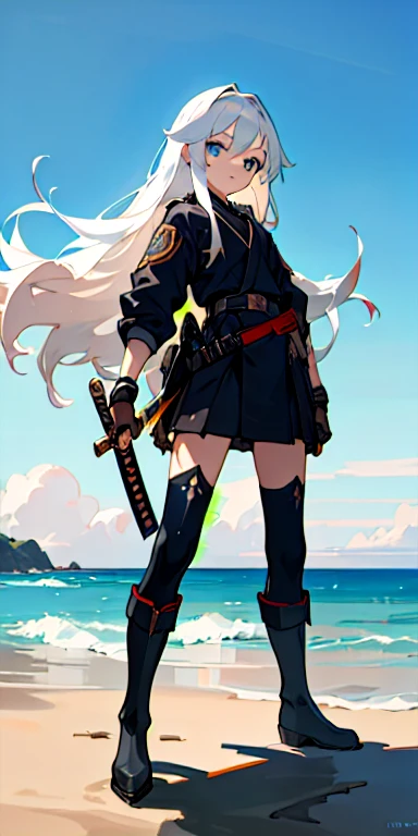 (best quality,ultra-detailed),1girl,12-year-old,combat outfit,high black boots,katana at her waist,long white hair,blue eyes,ocean in the background,anime style,warm color tone,soft lighting