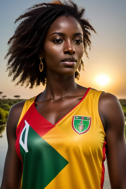 African woman, well-built and sexy, dark complexion, standing, wearing a Senegal football jersey, (best quality, 4k, highres, masterpiece:1.2), ultra-detailed, (realistic, photorealistic:1.37), vibrant colors, dramatic lighting, portraits, African landscape, strong facial features, confident expression, sunlit background, African-inspired motifs, sharp focus.