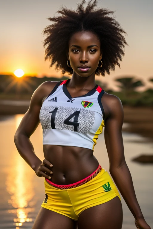 African woman, well-built and sexy, dark complexion, standing, wearing a Senegal football jersey, (best quality, 4k, highres, masterpiece:1.2), ultra-detailed, (realistic, photorealistic:1.37), vibrant colors, dramatic lighting, portraits, African landscape, strong facial features, confident expression, sunlit background, African-inspired motifs, sharp focus.