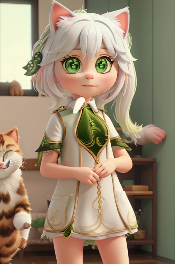 1 girl, solo, , looking at the viewer, (((white hair))), (((green eyes))), ((cat ears, cat tail)), white shirt, open clothes, russian city, Sunaookami Shiroko