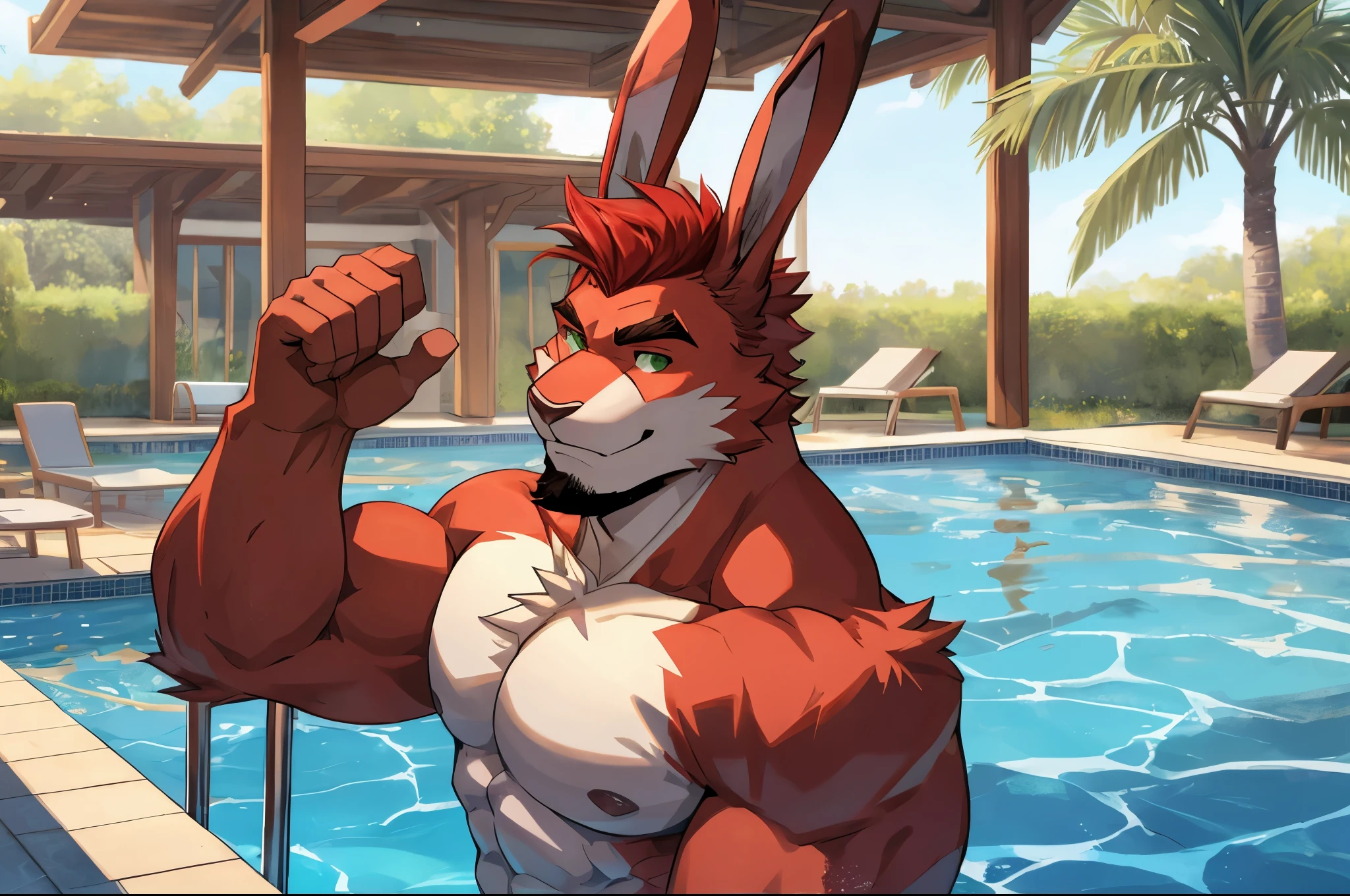 perfect face, bara furry, rabbit man, big body, cardinal skin, short quiff red hair, green eyes, perfect eyes, big rabbit ears, handsome, at pool