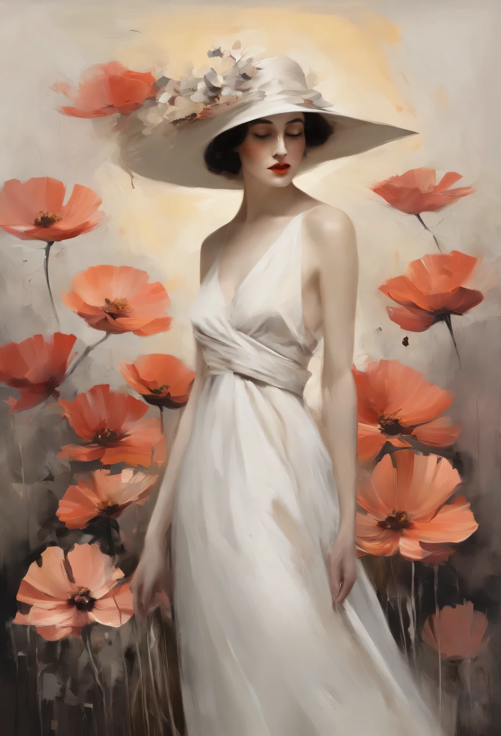 chiaroscuro technique on sensual illustration of an elegant , retro and vintage white dress ,Chocolate Cosmos (Cosmos atrosanguineus) around body, matte painting, by Hannah Dale, by Harumi Hironaka, extremely soft colors, vibrant, pastel, highly detailed, digital artwork, high contrast, dramatic, refined, tonal, golden ratio,