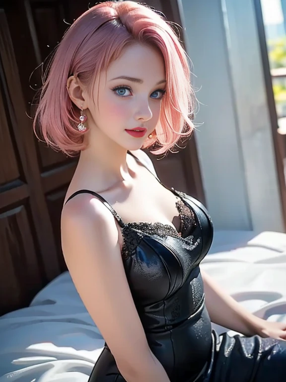 film movie still、1girl in、It's standing、14years、pale-skinned、innocent smiles、white stockings、((A detailed face))、(Detailed skin)、Moist with intricate details、Shallow depth of field、[volume fog]、电影灯光、Reflectors、a Canon EOS R5、50mm lens、f / 2.8、NffSW、shot at 8k resolution、Sakura Haruno,A pink-haired,short detailed hair,Red headband,intimate expression,Green eyes，cleavage，Close-up,Hugging In a bed,Hearts fly   Sarada Uchiha,, short height,small breasts,straight black hair,Underwear,His hands touch the neckline,Intimate and romantic