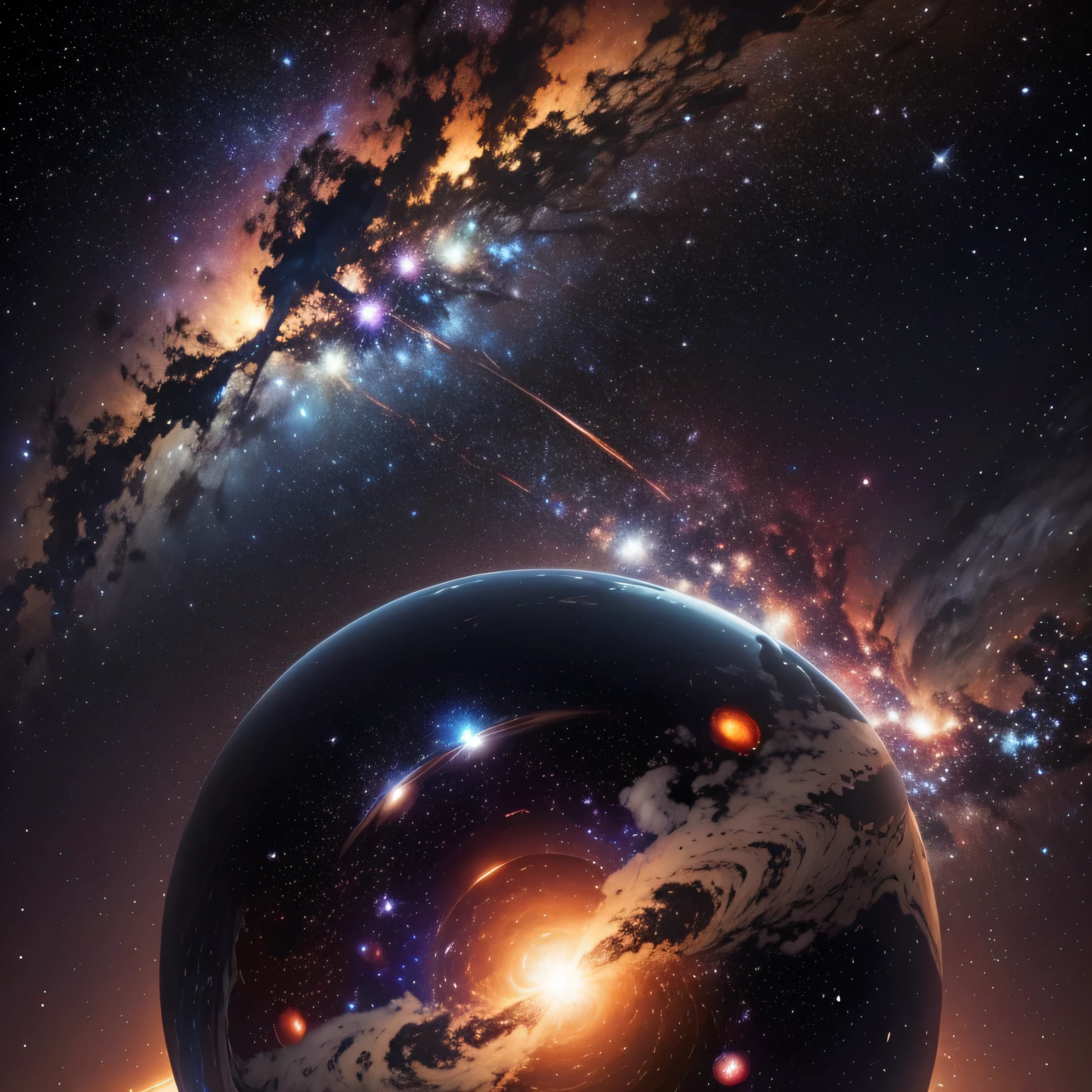 Astronaut in the galaxy with clouds of stars and small and large planets, an explosion of black stars, and also the planets and their moons rotating. The colors are multiple, suave y brillante. There are also shooting stars and the Milky Way.