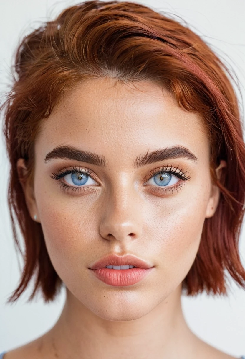 A 23 yo Portugese female Instagram Influencer, no makeup, almond blue eyes, plump downturned lips, very short red hair, light brown skin, realistic, white background