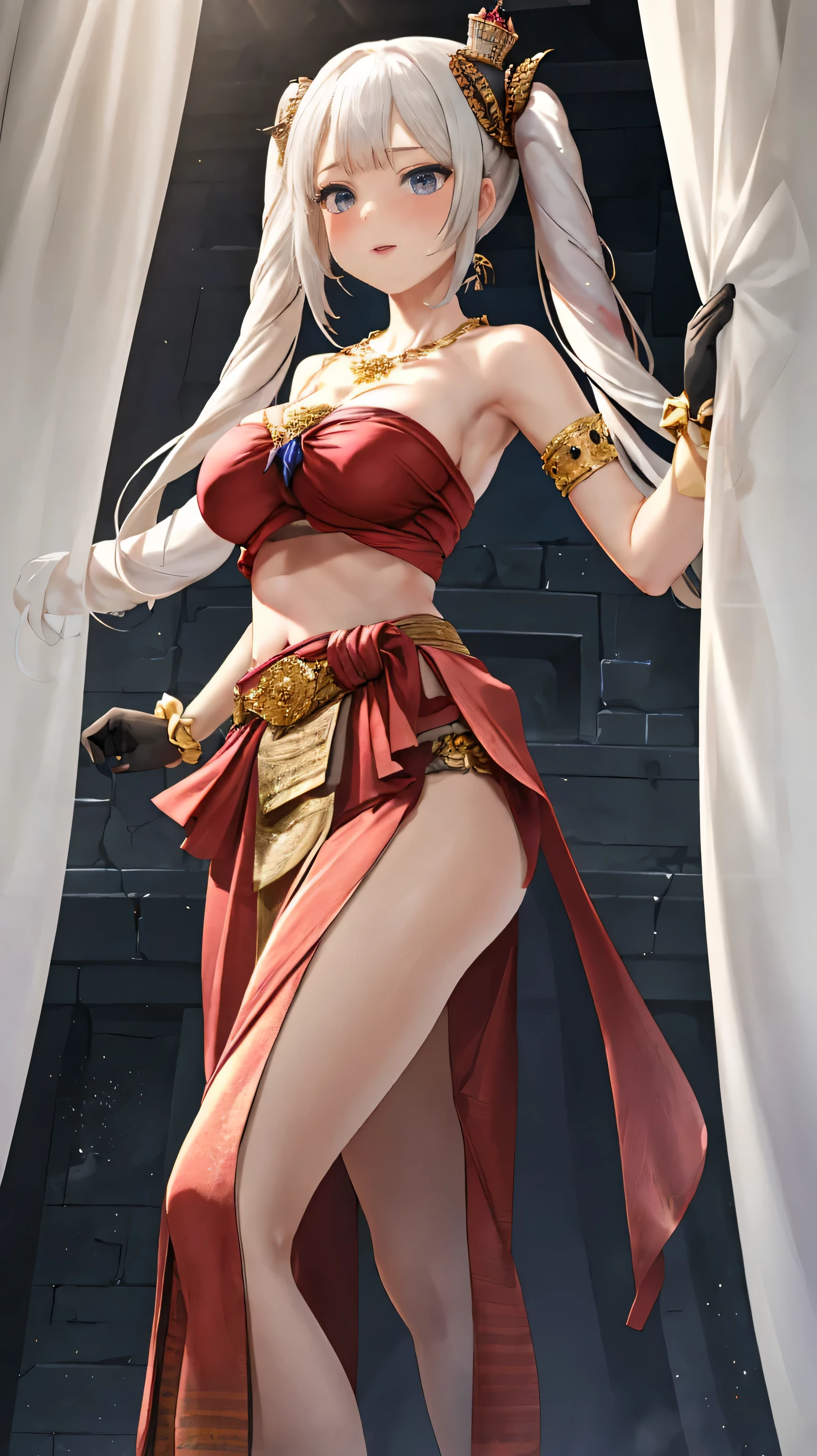 best quality, 8k, 32ก, Masterpiece, high resolution, unity wallpaper 8k, illustration, anime style, perfect lighting, Very detailed CG, 1 girl, alone, Marie Antoinette, long hair, white hair, Twintail, court, decorations, necklace, glove, belt, black glove, Sabai set, Strapless traditional Thai dress, Traditional Thai skirt, looking at the audience, In the building, stand, throne, evil, soldier,((big breasts:1.35,The crevice is clear.), (((Breast curtain))) And loincloths..,rift, visible chest,woman dancing, (dance_stance:1.5