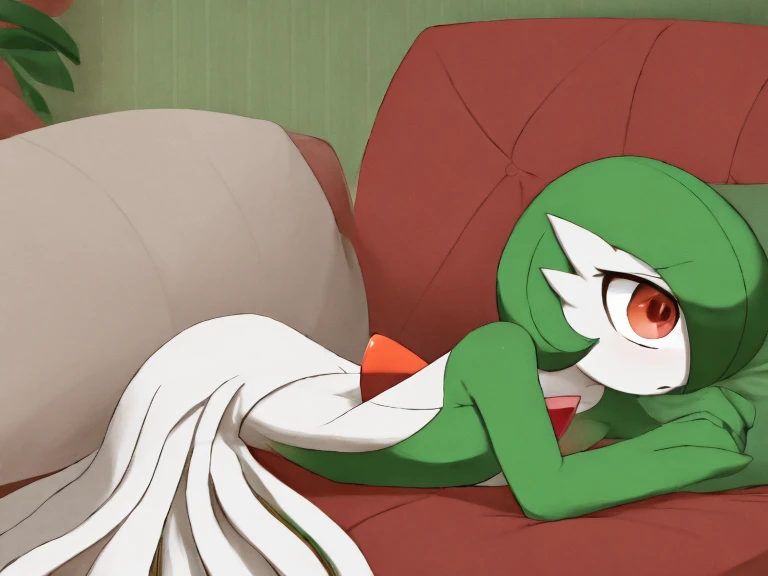 1girl, solo, gardevoir, creatures \(company\), game freak, nintendo, pokemon, pokemon \(game\), bangs, colored skin, female focus, gen 3 pokemon, green hair, green skin, hair over one eye, multicolored skin, pokemon \(creature\), red eyes, short hair, two-tone skin, white skin, at home, empty eyes, dull eyes, blank eyes, blank expression, hypnotized, dazed, blank, enthralled, cocktail dress