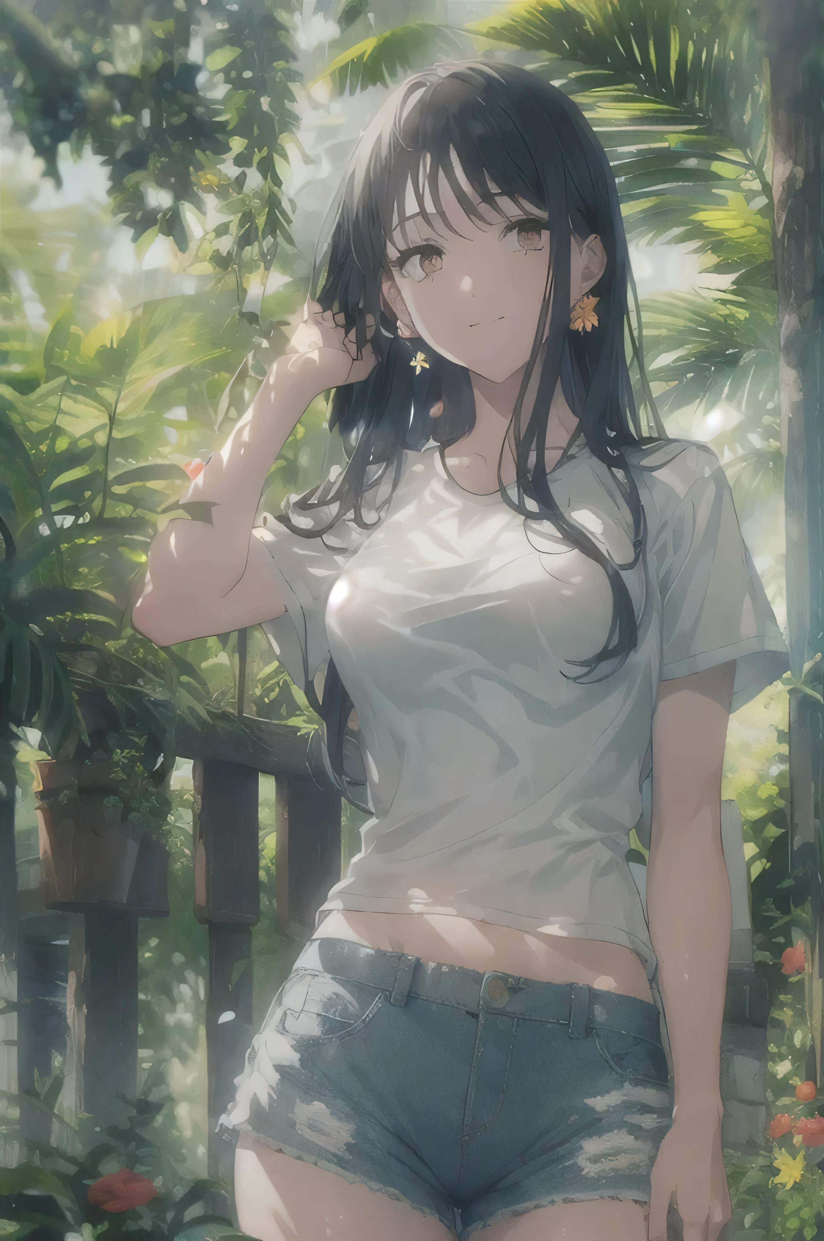 a girl in a garden, beautiful detailed eyes, beautiful detailed lips, extremely detailed eyes and face, long eyelashes, beautiful girl, photorealistic, 8k, highres, masterpiece, ultra-detailed, realistic, photo-realistic, HDR, UHD, studio lighting, ultra-fine painting, sharp focus, physically-based rendering, extreme detail description, professional, vivid colors, bokeh, portraits, colorful, mini skirt, glowing skin, natural beauty, smile, bangs, straight hair, soft and flowing hair, rural scenery, nostalgic atmosphere, playful and carefree, innocent attitude, sunny atmosphere, skirt fluttered in the wind, belly button exposed, beautiful eyes, tank top, sensual