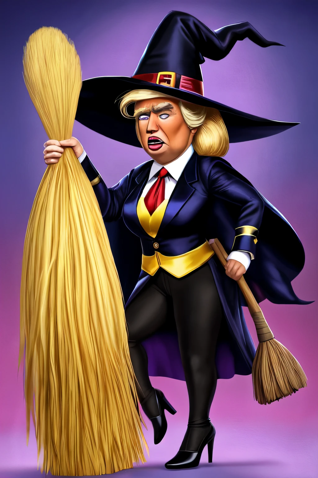 ((mejor calidad)), ((Obra maestra)), (detallado), cara perfecta
Ex president Donald Trump dressed as a witch and flying on a broom
 