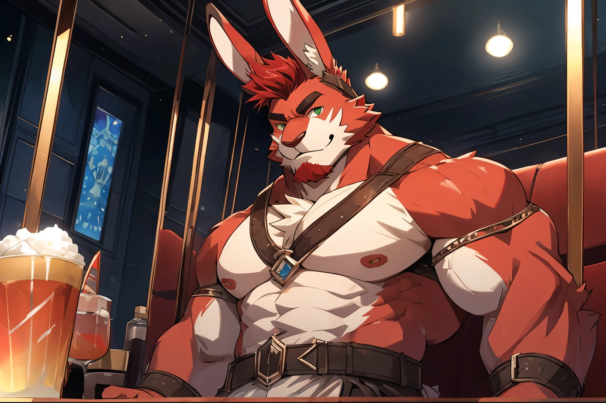 ((best quality)), ((masterpiece)), (detailed), perfect face, bara furry, rabbit man, big body, pink skin, short quiff red hair, yellow eyes, perfect eyes, long rabbit ears, handsome, open shirt at pool big dick, snfw