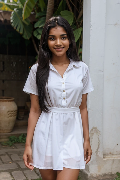 Realistic,A 18-year-old Sinhala beautiful Sri Lankan cute girl wore a A white school short dress, without Tie, beautiful face, beautiful, black long hair, smile, full body,