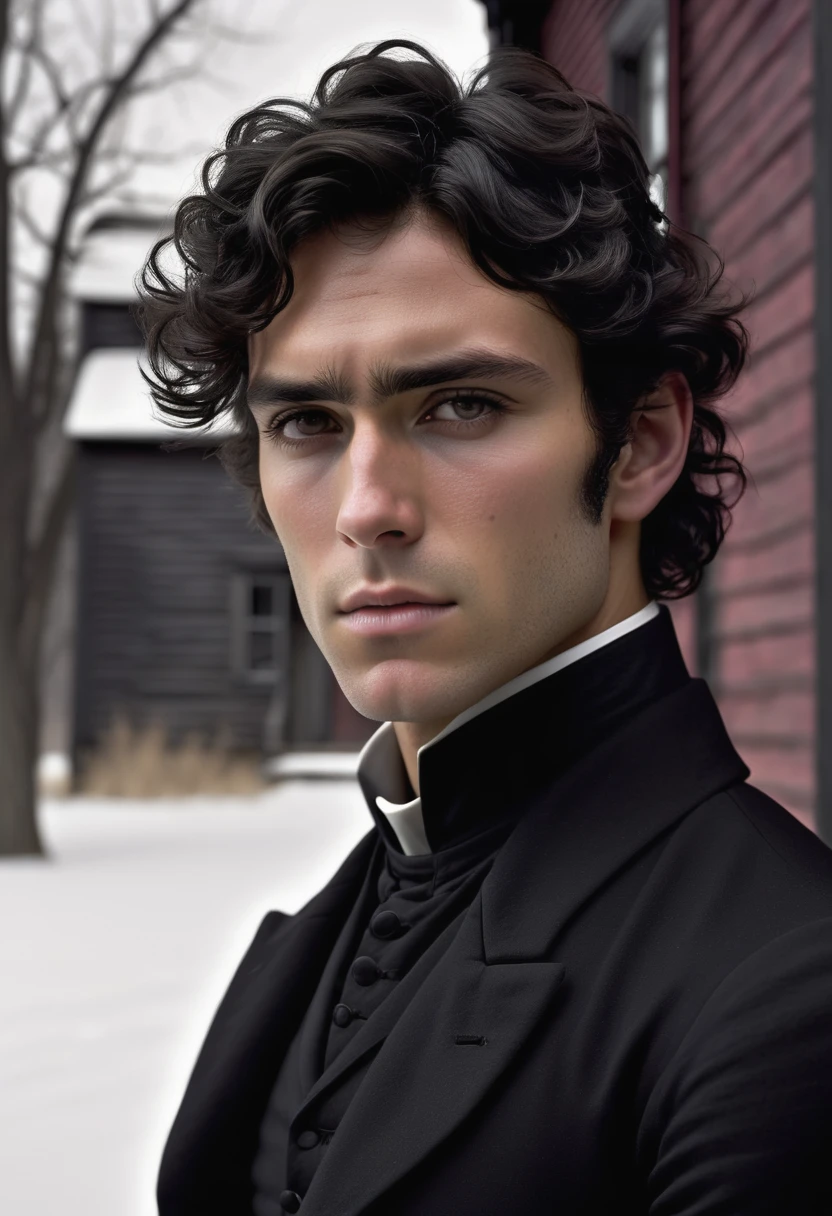 (highly detailed, soft light, photorealistic, dynamic light; cinematic); victorian era; 1820s; 24 years old man; Spanish-British mix; 1820s Anglican priest; incredibly attractive; dark and brooding; masculine yet beautiful; helpless longing stare; confused expression; moody; Adonis-like; intense; sensual; amorous air; very attractive; lean figure; stubble; hazel-green eyes; thick strong dark-brown eyebrows; long full sideburns; 1820s black priest cassock, white collar; short tousled dark-brown wavy hair; full luscious moist lips, parted; mouth slightly open; standing in Manitoba 1820's settlement during winter; looking at camera