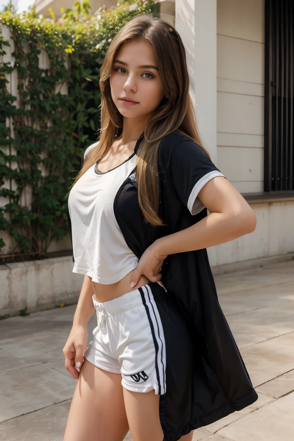Masterpiece, realistic, american 23 years old, headshot, looking cute, frontal cute pose, 36C busty girl, blonde long hair, cute pose, wearing sexy sports bra and shorts