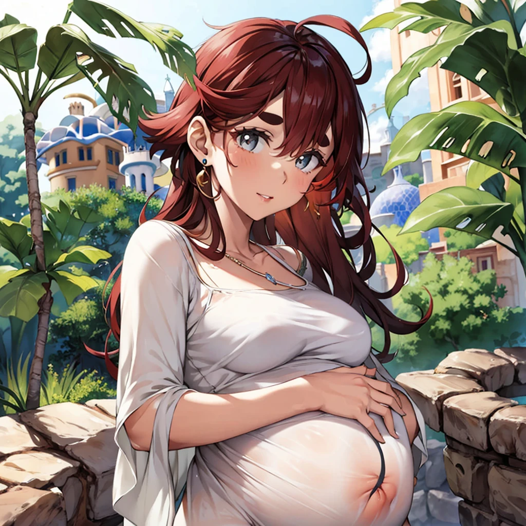 Mercury Witch、((highest quality)), ((masterpiece)), (detailed), Perfect Face、((Thretta Mercury、1People only、Perfect proportions、Redhead、Earrings、Luxury accessories、Güell Jeták's wife、Engagement Ringarried to Guell Jeterk、Becoming Sletta Jetak、She loves her husband, Güell Jeterk.、pregnancy、Holding the baby))、She snuggles up close with her husband, Guell.、With her husband Guell by her side