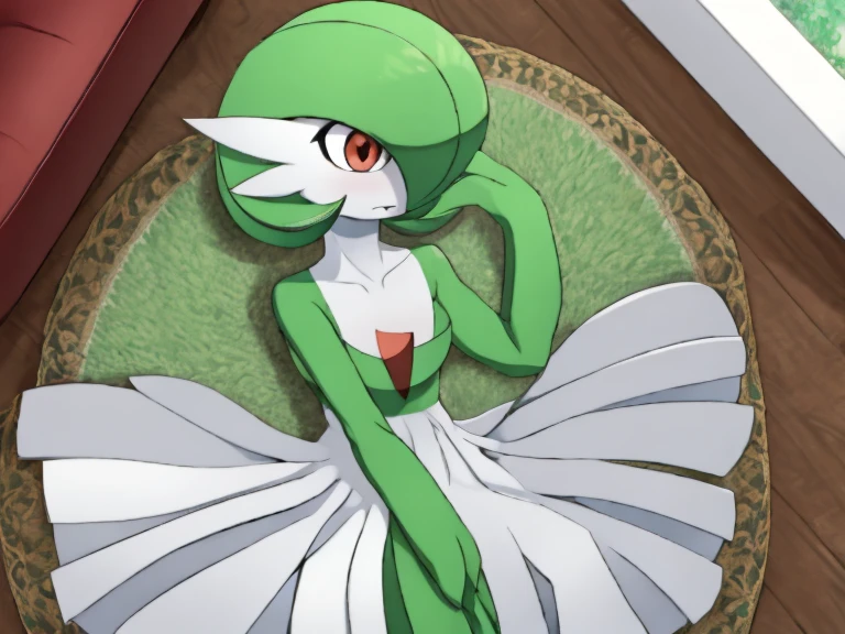 1girl, solo, gardevoir, creatures \(company\), game freak, nintendo, pokemon, pokemon \(game\), bangs, colored skin, female focus, gen 3 pokemon, green hair, green skin, hair over one eye, multicolored skin, pokemon \(creature\), red eyes, short hair, two-tone skin, white skin, at home, empty eyes, dull eyes, blank eyes, blank expression, hypnotized, dazed, blank, enthralled, cocktail dress