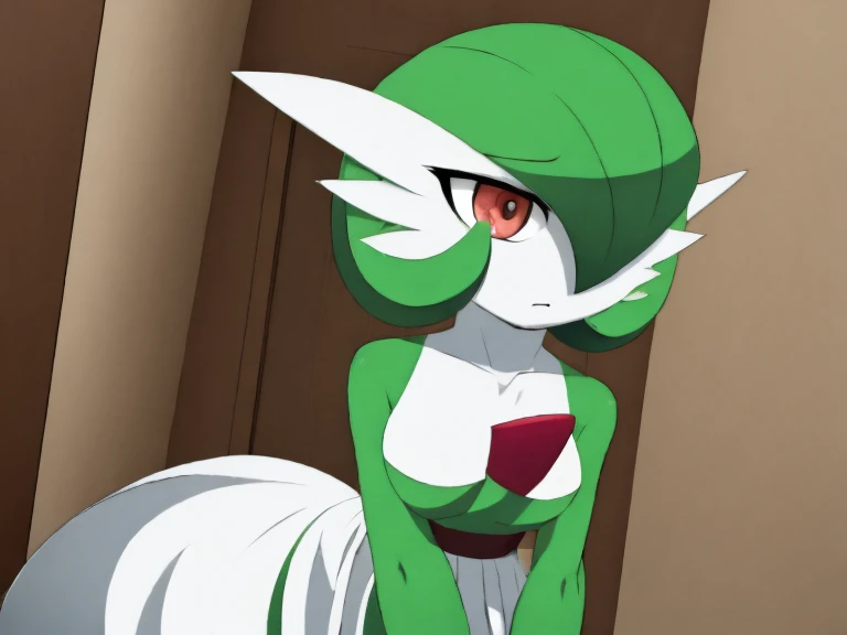 1girl, solo, gardevoir, creatures \(company\), game freak, nintendo, pokemon, pokemon \(game\), bangs, colored skin, female focus, gen 3 pokemon, green hair, green skin, hair over one eye, multicolored skin, pokemon \(creature\), red eyes, short hair, two-tone skin, white skin, at home, empty eyes, dull eyes, blank eyes, blank expression, hypnotized, dazed, blank, enthralled, cocktail dress