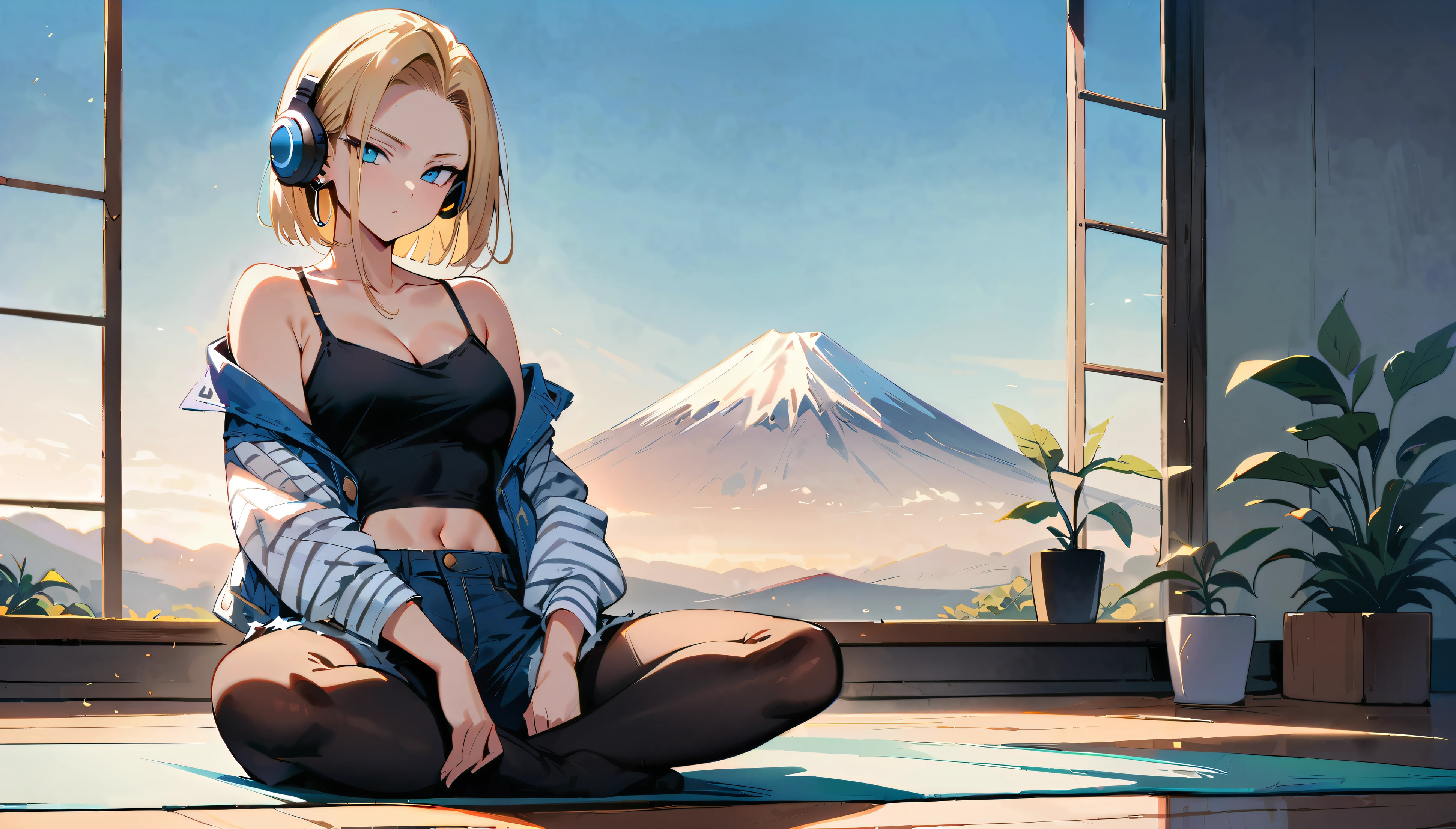 (masterpiece, best quality:1.2), frontal full body shot, Android 18 from Dragon Ball, slender feminine figure, sitting with legs crossed at ankles, each foot on opposite thigh, facing camera, upright spine, Zen meditation pose, narrow waistline, (white over-ear headphones must be worn), short blonde hair, blue eyes, earrings on earlobes, denim vest, black pantyhose, black cropped camisole, denim shorts, striped long sleeves, sitting on yoga mat, white potted plant behind, small white potted plant foreground, minimalist white room, no brown furniture or wood tones, all furniture and surfaces must be white, window with Mt.Fuji outside, 4K