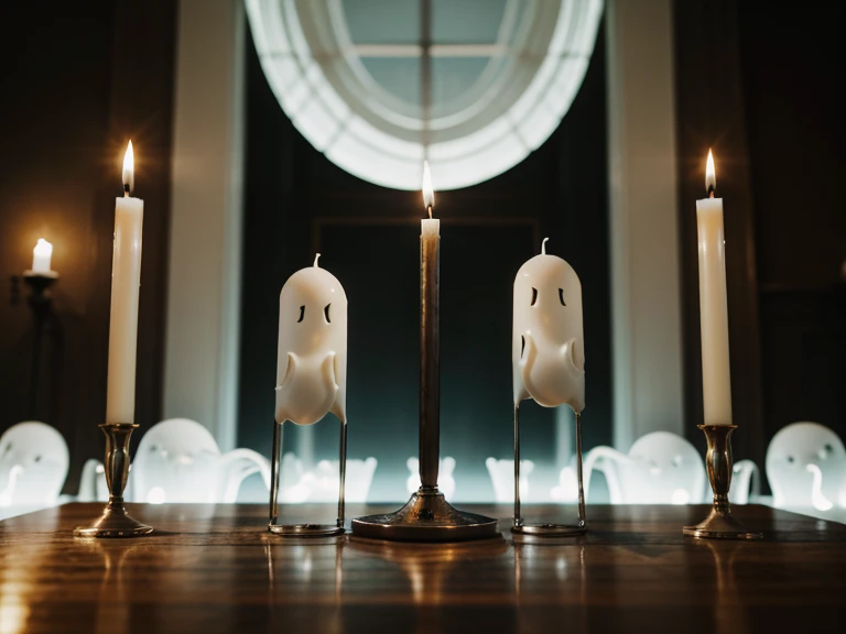 close-up candlestick, standing on the table, surrounded by ghosts