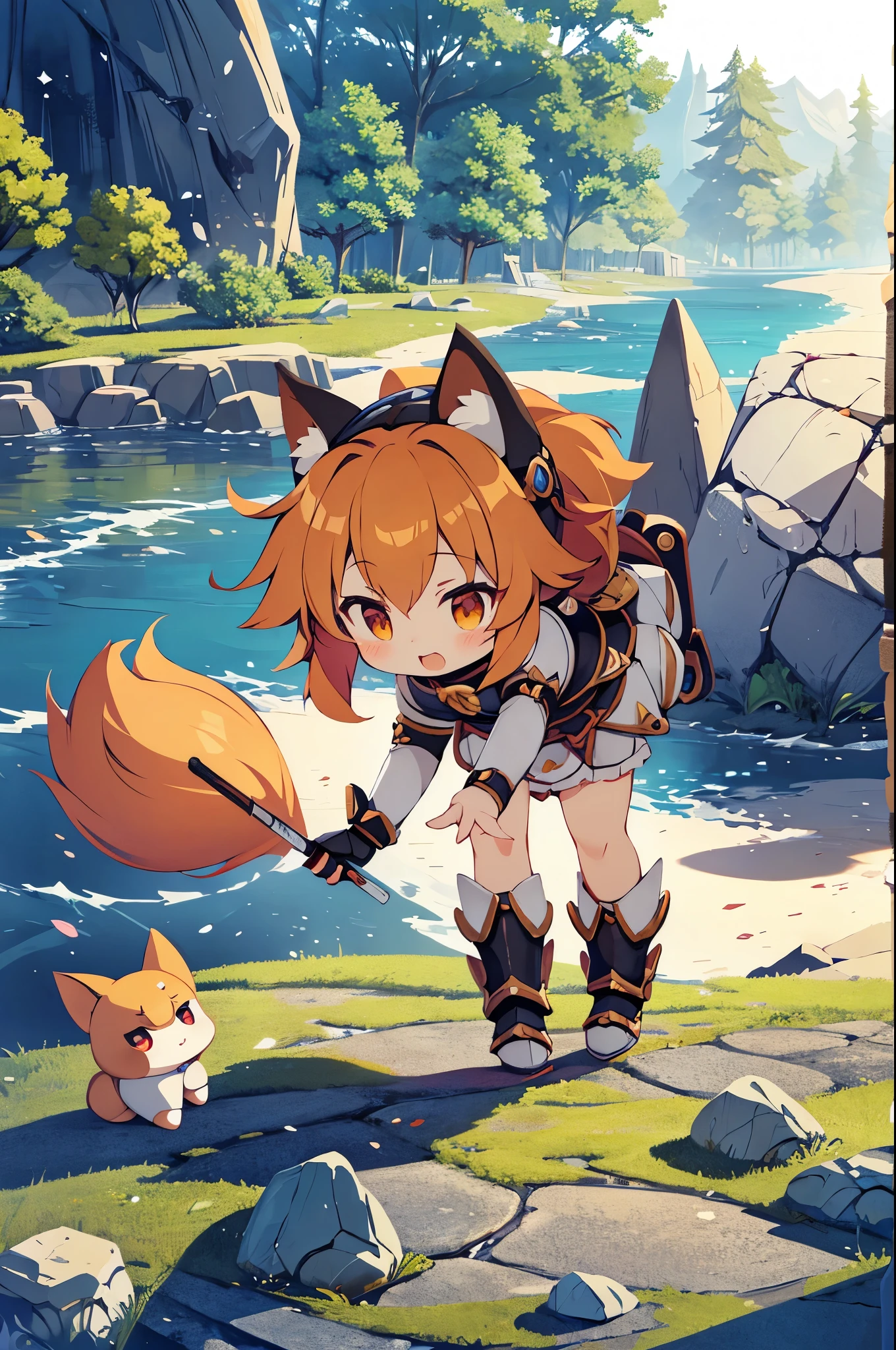 masterpiece, best quality, chibi knight fox girl, chibi character, knight, kawaii, cute, armor, combat girl, ((tripping over a stone and falling)), 